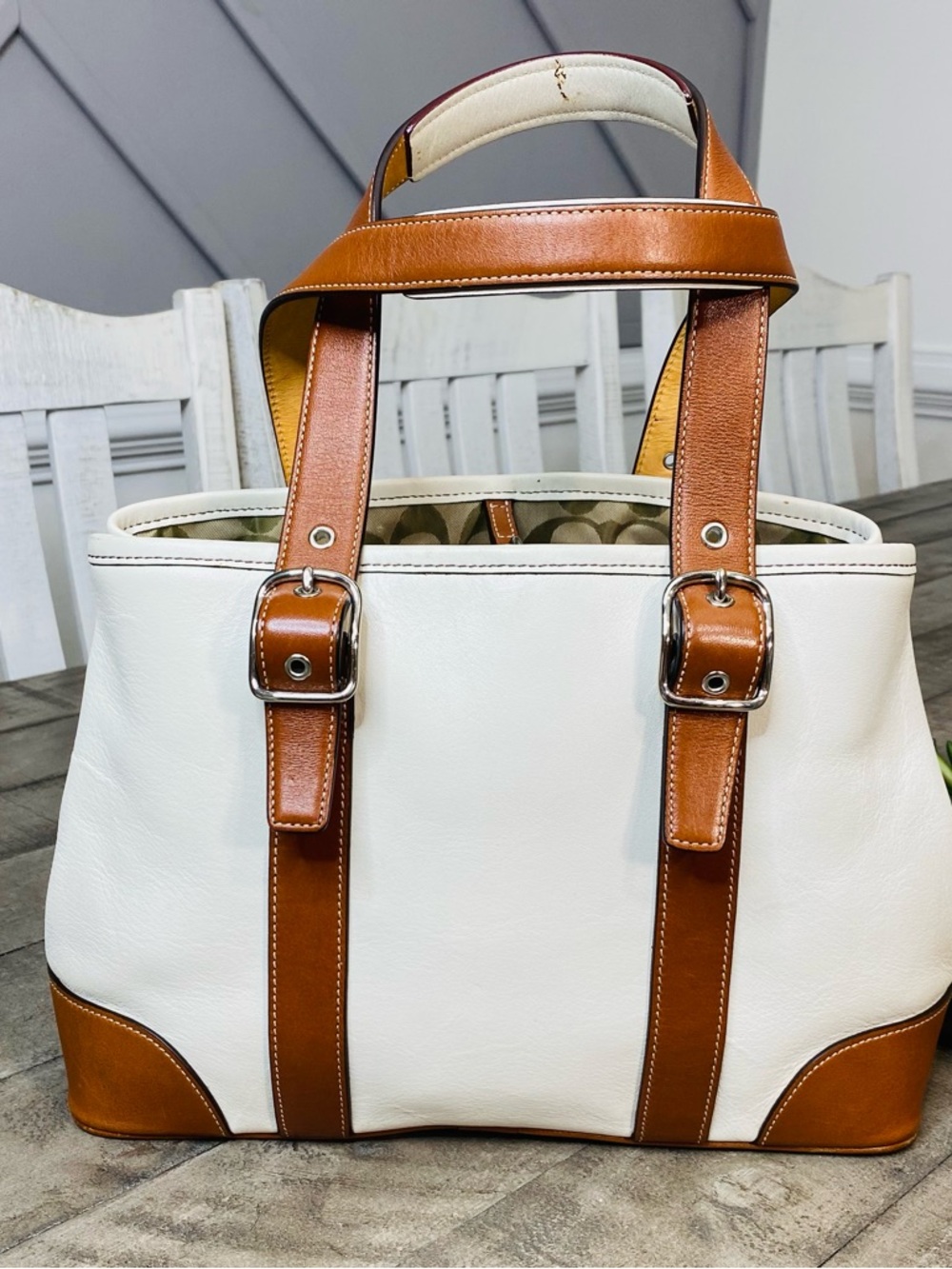 COACH Hamptons Leather Bicolor Tote Bag White Brown Authentic Vintage - Picture 5 of 13